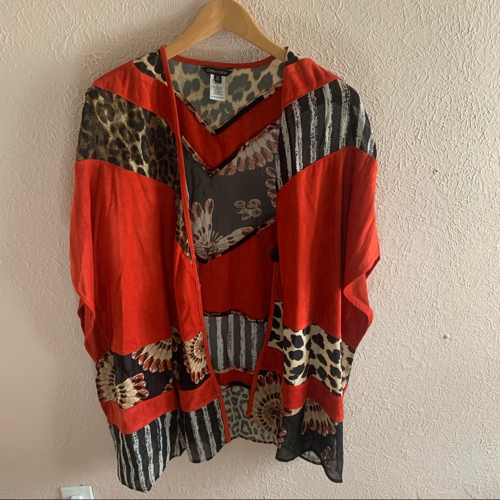 John Mark open front Ruana red poncho top Mixed Fabric